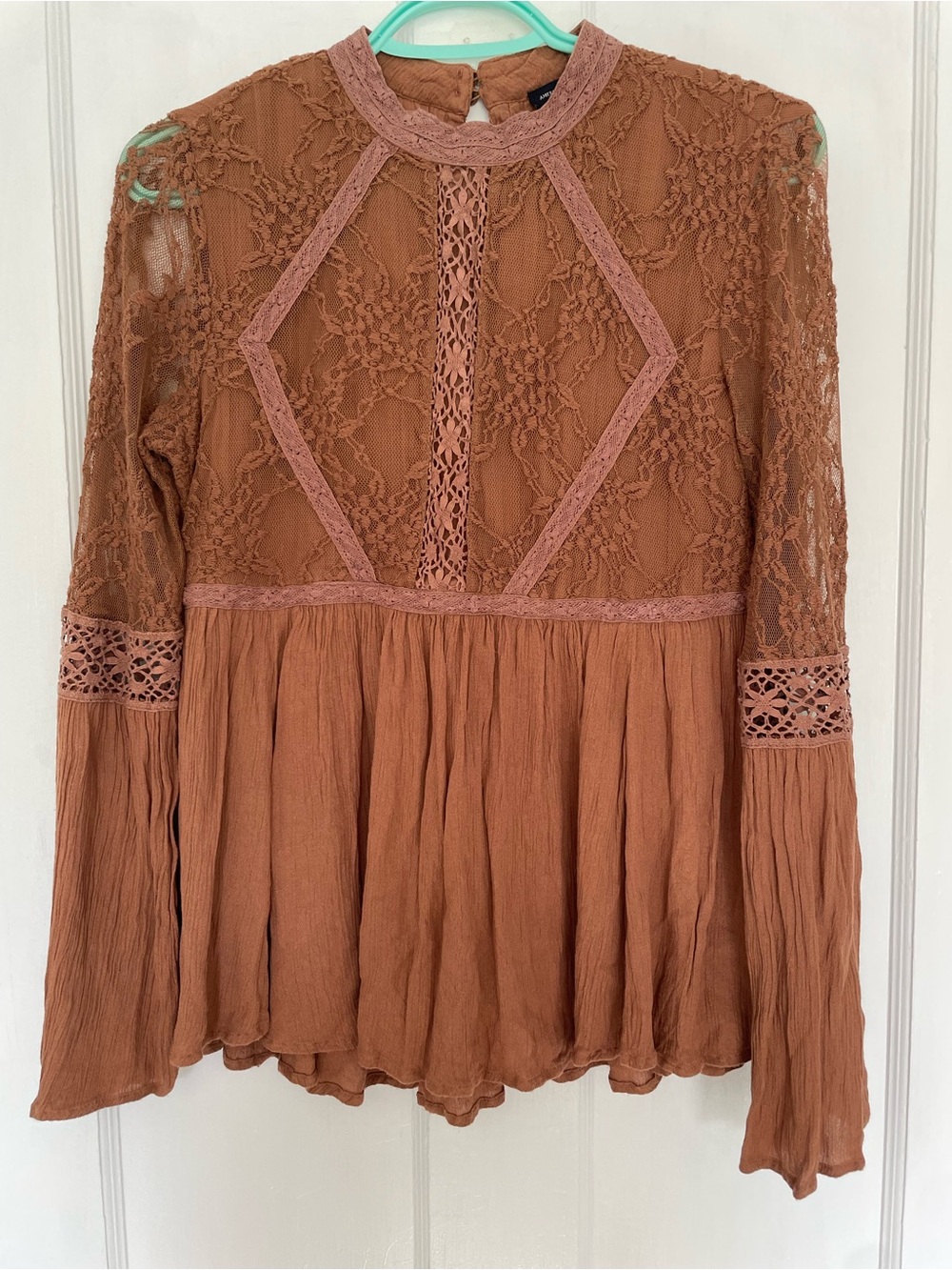 American Eagle Lace Yoke Long Sleeve Peasant Top - Warm Brown